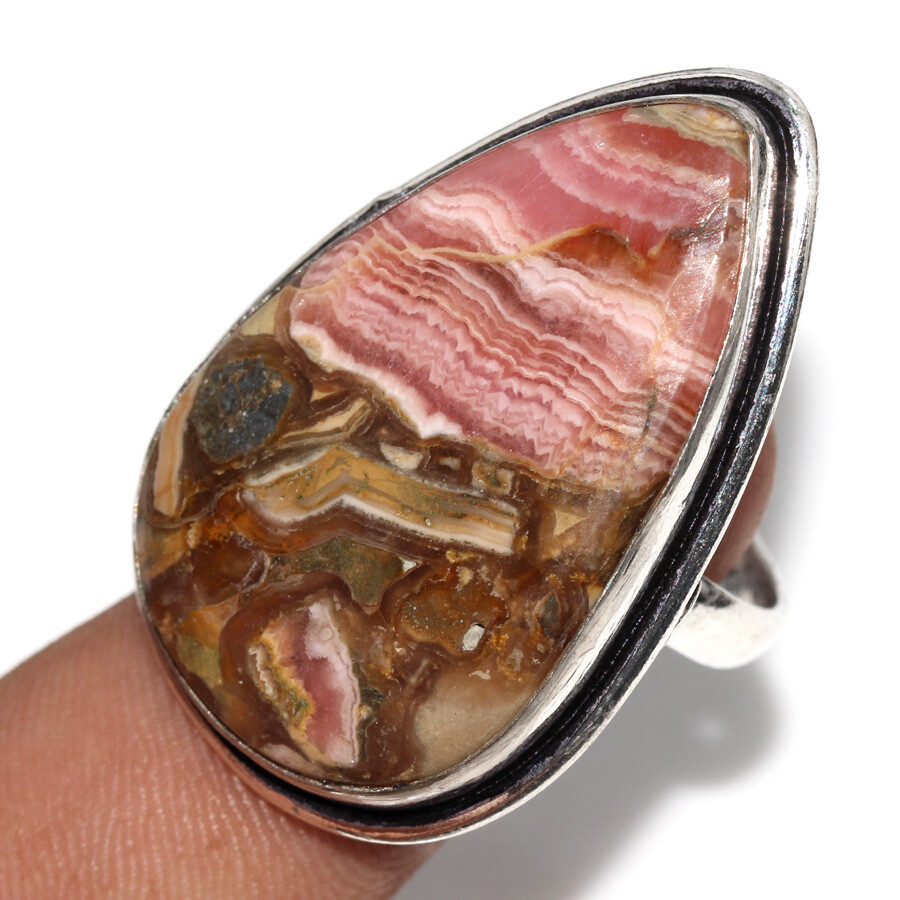925 Silver Plated Pyrite In Rhodochrosite Ethnic Ring Jewelry Size US 9 JW