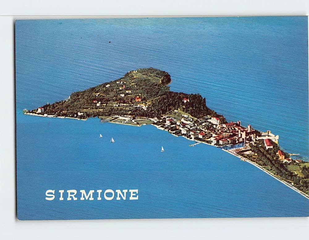 Postcard Air view of the peninsula Lake Garda Sirmione Italy
