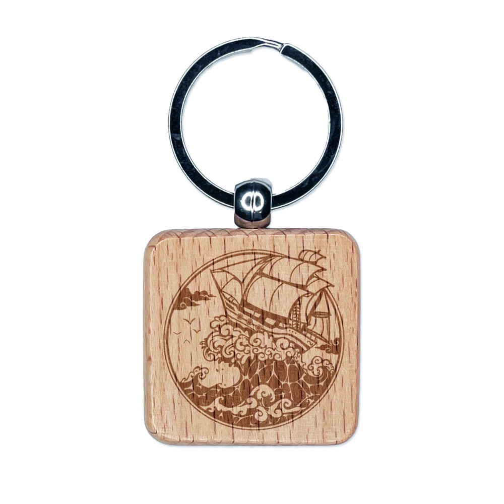 Fantasy Ship on Large Ocean Wave Engraved Wood Square Keychain Tag Charm