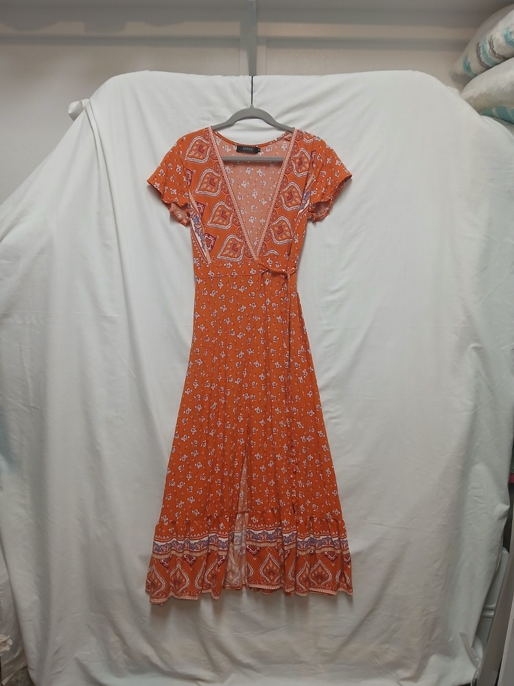 Zesica Orange Floral Wrap Maxi Dress S Rayon Ruffle Boho Cottage Prairie Peasant