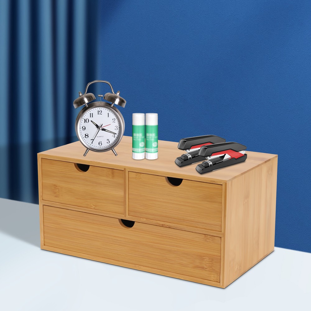 Mini Bamboo Desk Top Organizer 3 Drawers Shelf Desktop Office Home Storage Decor