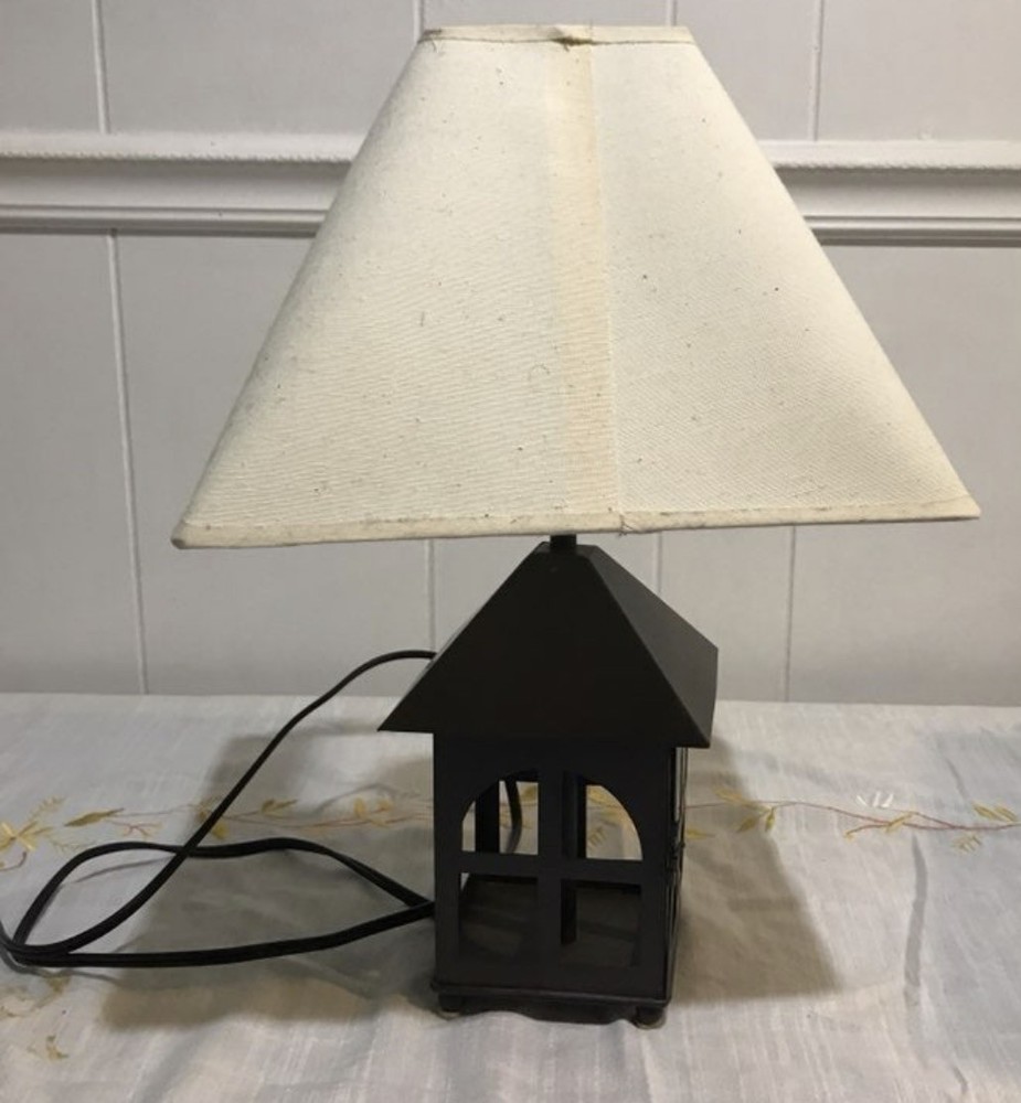 Colonial Lantern Lamp with Ivory Linen Shade in Smokey Black Finish Works