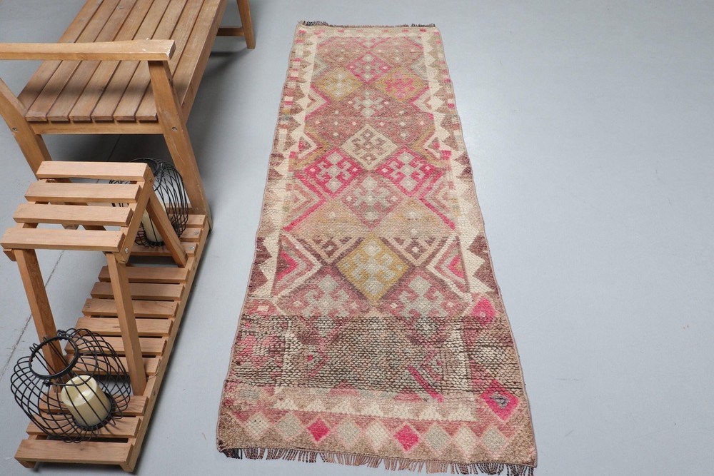 2,6x7,2 ft Vintage Runner Rug, Brown Pink Turkish Solid Wool Rug
