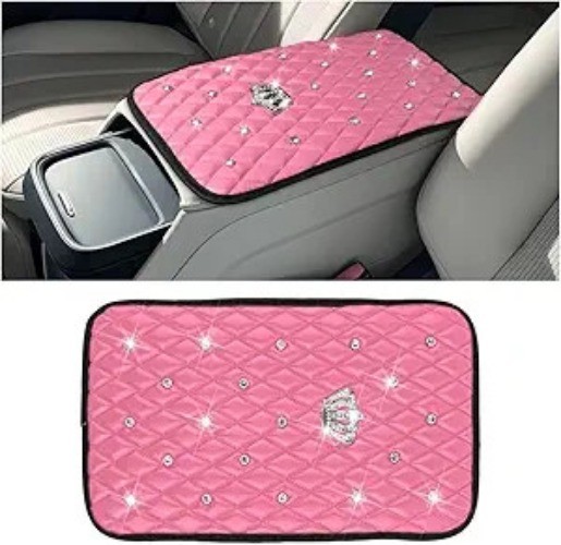 Rhinestone Crown Car Center Console Cover, Pink Diamond Armrest Cu Color: Pink