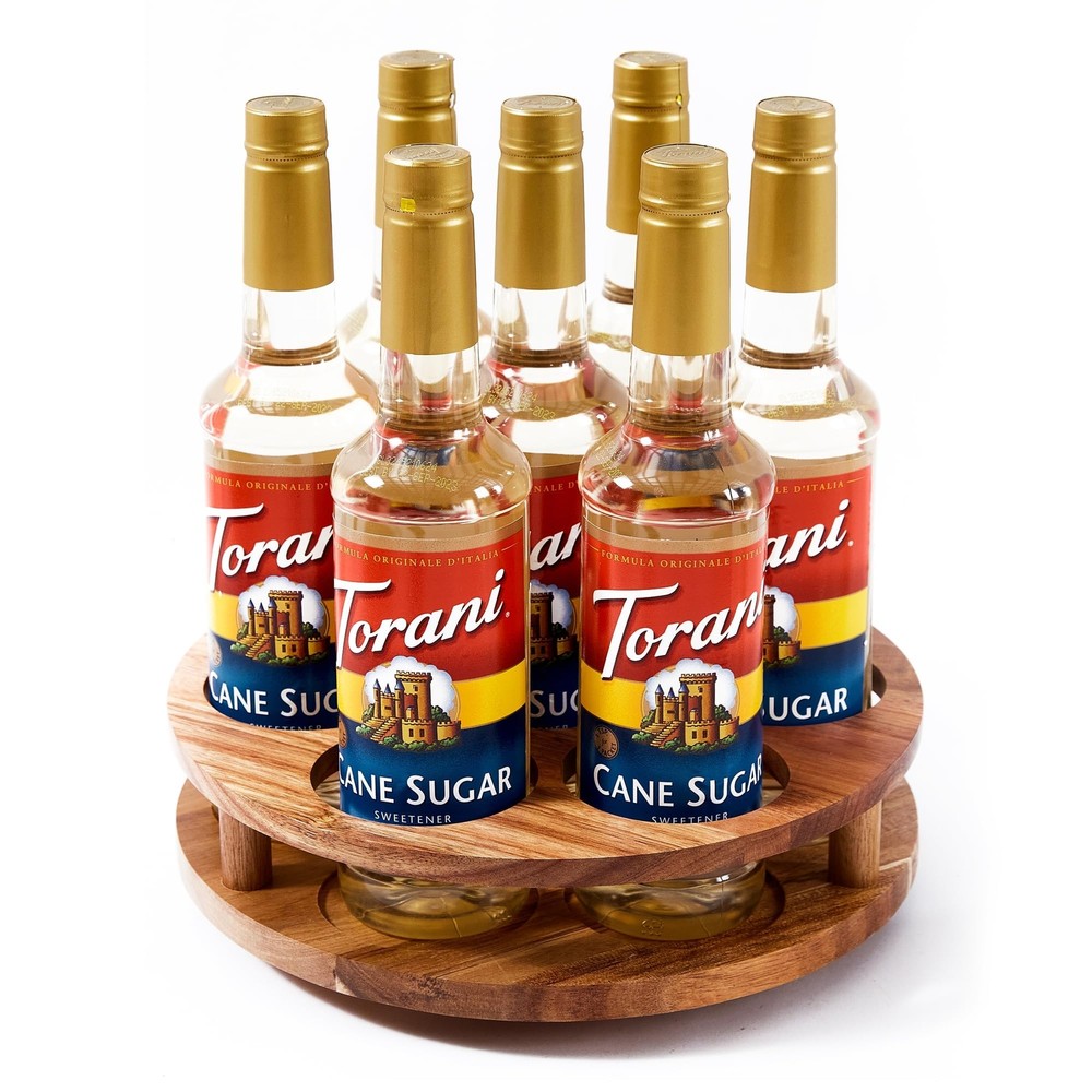 Acacia Wood 7-Bottle Rotating Syrup Organizer Anti-Slip Coffee Station Rack-image