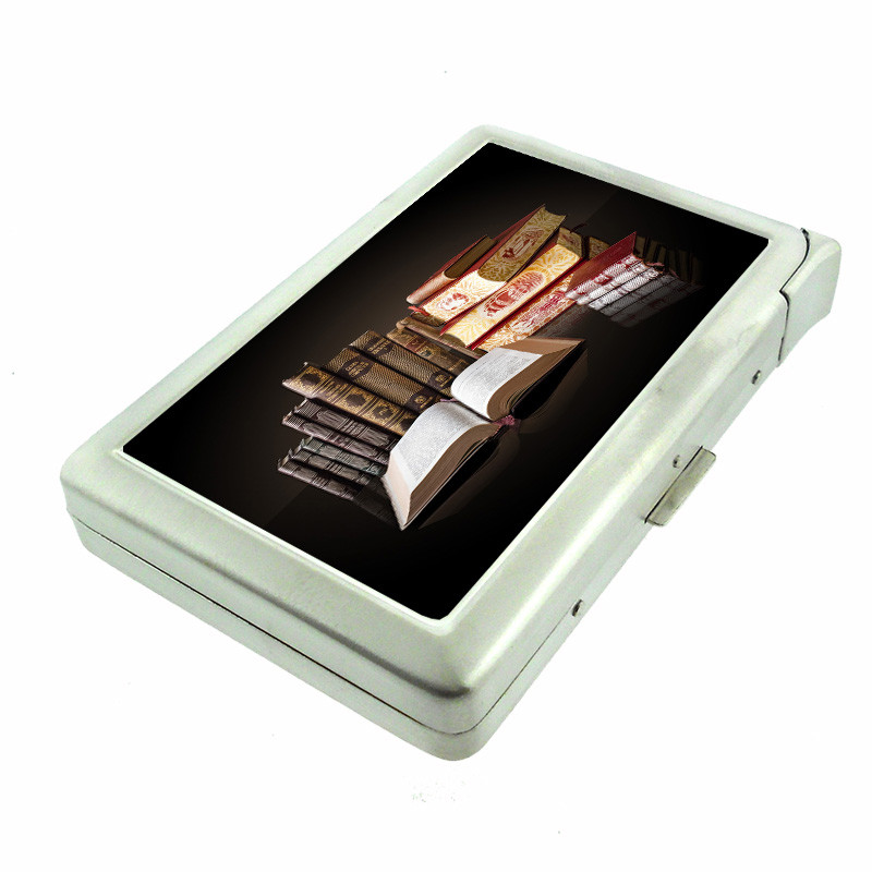 Book Lover Em1 100's Size Cigarette Case with Built in Lighter Metal Wallet