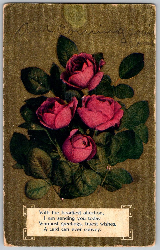Antique Postcard Pink Rose Bouquet 1910s