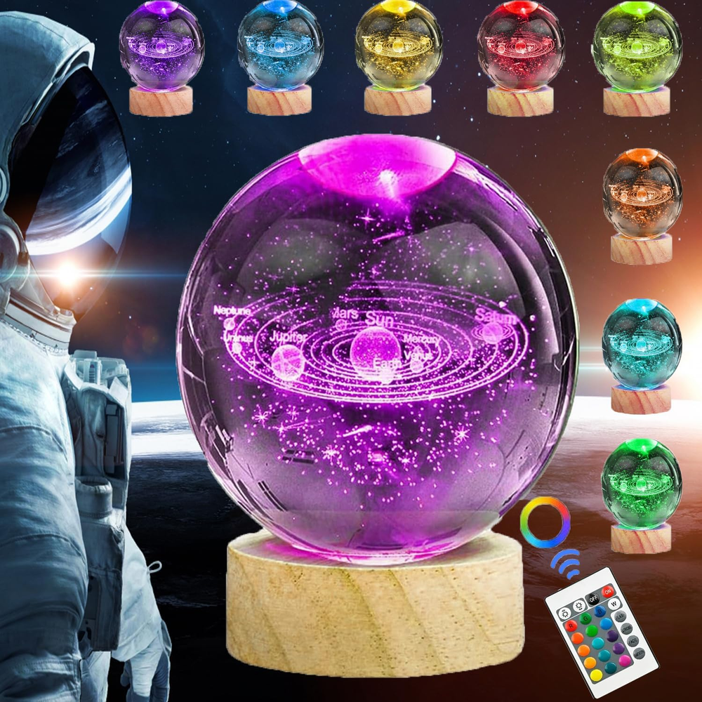 3D Solar System Crystal Ball Lamp,3.2In Crystal Ball Night Light Engraved Astron