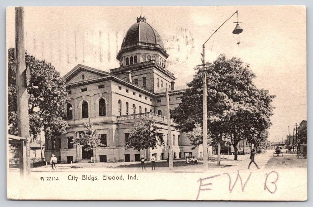 Elwood Indiana~City Buildings~Hanging Street Lamp~1907 B&W Rotograph Postcard