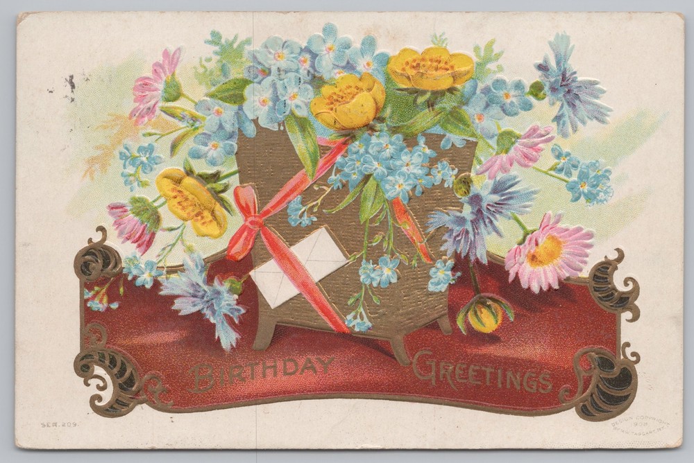 Greetings~Box Envelope Forget Me Nots & Roses Birthday Greeting~Vintage Postcard