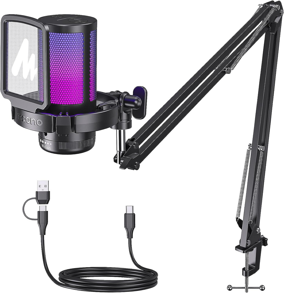 Gaming USB Microphone, Noise Cancellation Condenser Mic with Mute, Gain, Monitor