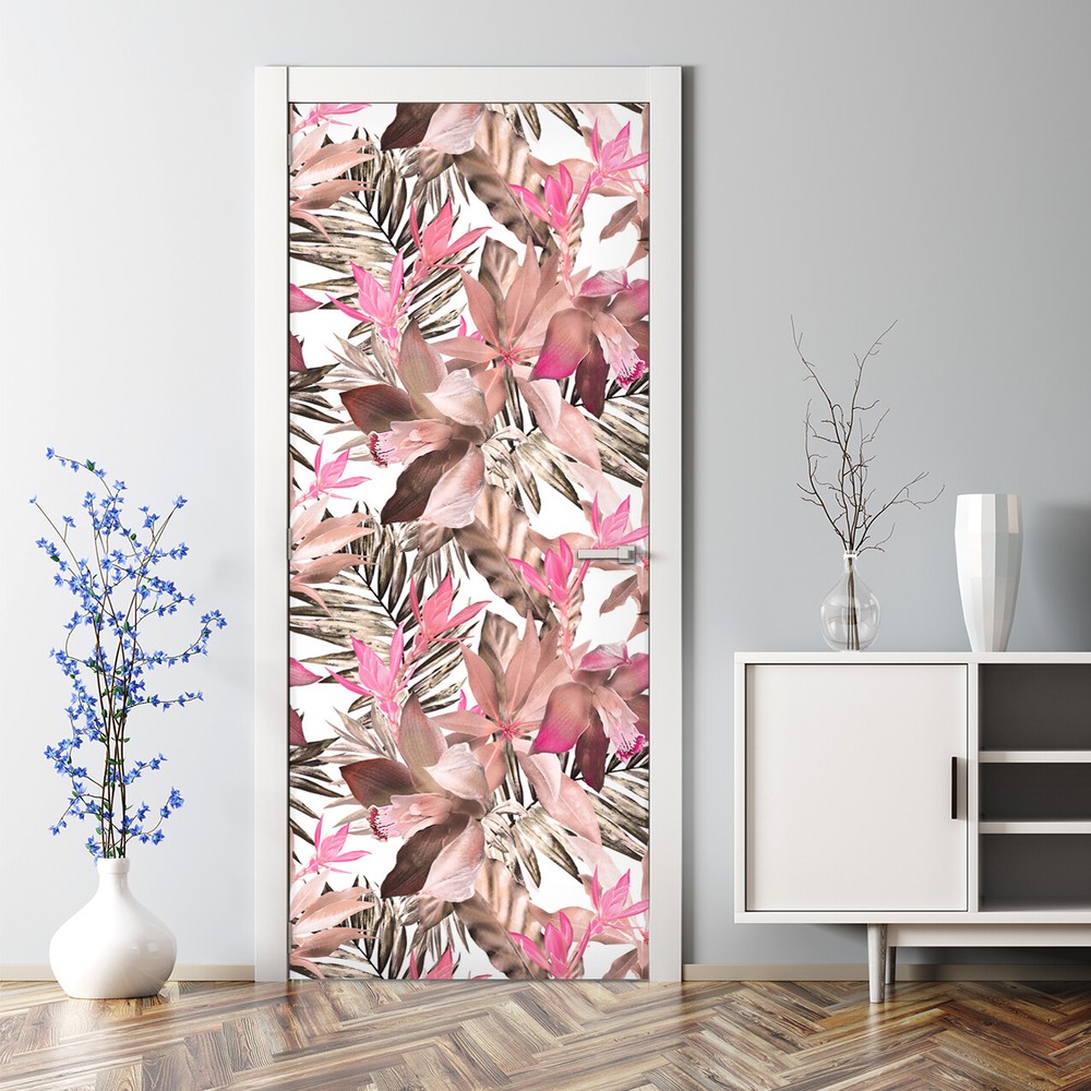 Tropical Pink Leaf Peel and Stick Bubble-Free Self-Adhesive Door Sticker