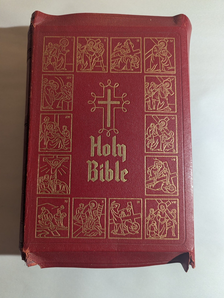 Vintage 1950 Holy Bible Catholic Home Edition Red W/ Gold Letters Illustrated