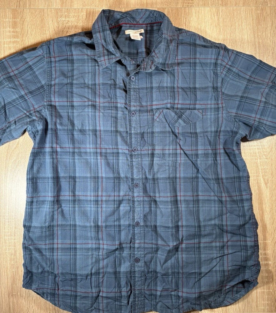 Carbon2Cobalt Shirt Mens Large Plaid Button Up Short Sleeve Blue Casual Cotton