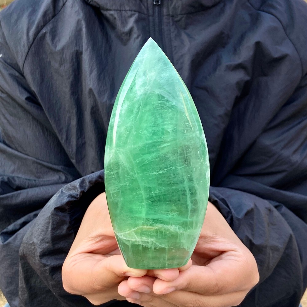 428G Polished Crystal Green Fluorite Carving Water dropl Quartz Ornament Flame