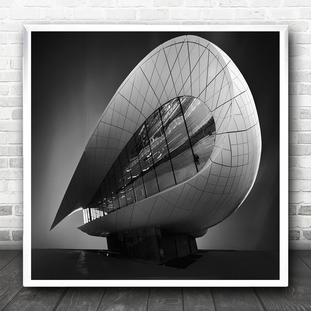 Folded Abstract Building With Lines Black White Square Wall Art Print-image