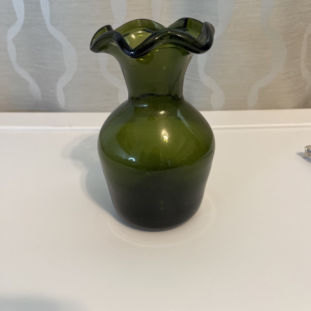 Vintage Glass Green Hand Blown Ruffled Vase