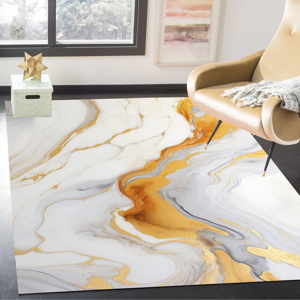 Gery Gold Abstract Marble Area Rug with Golden Glitter Swirls for Bedroom
