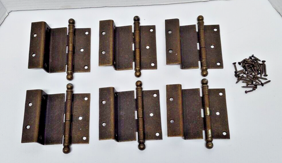 VTG Lot of 6 Antique Brass Finish Finial Tip Door Hinges Screws Salvage  3.5 