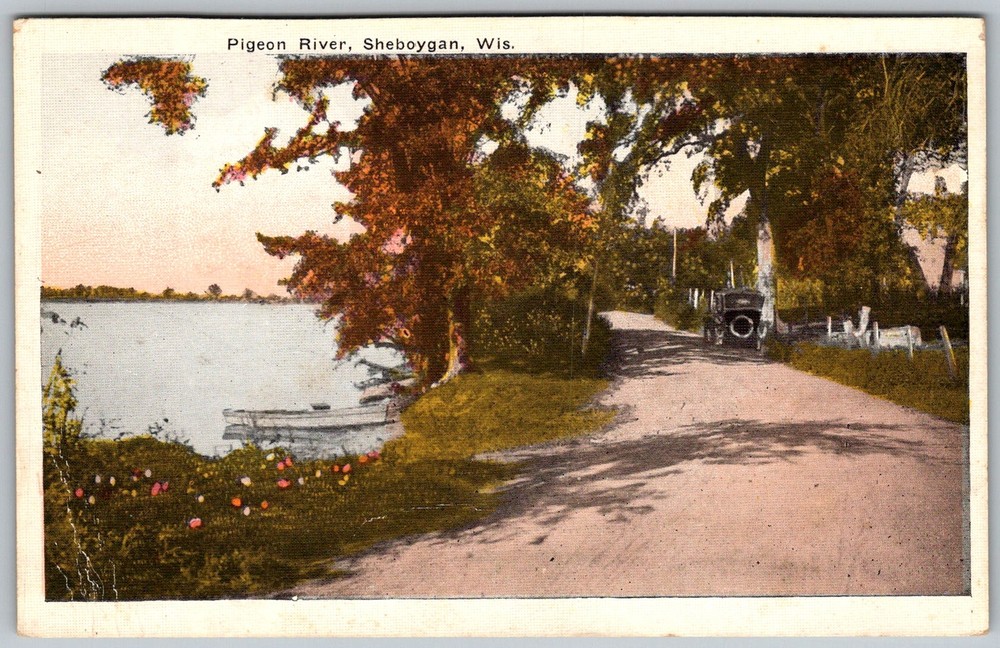 Antique Postcard Pigeon River Road Scene Sheboygan, WI 1910s