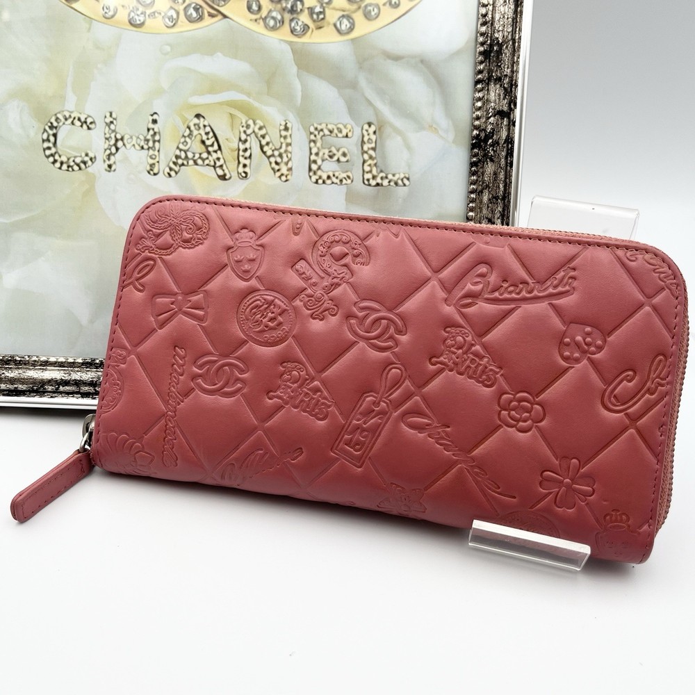 89/Authentic CHANEL Wallet CoCo Logo Zippy Long IconLine Pink Lambskin Excellent