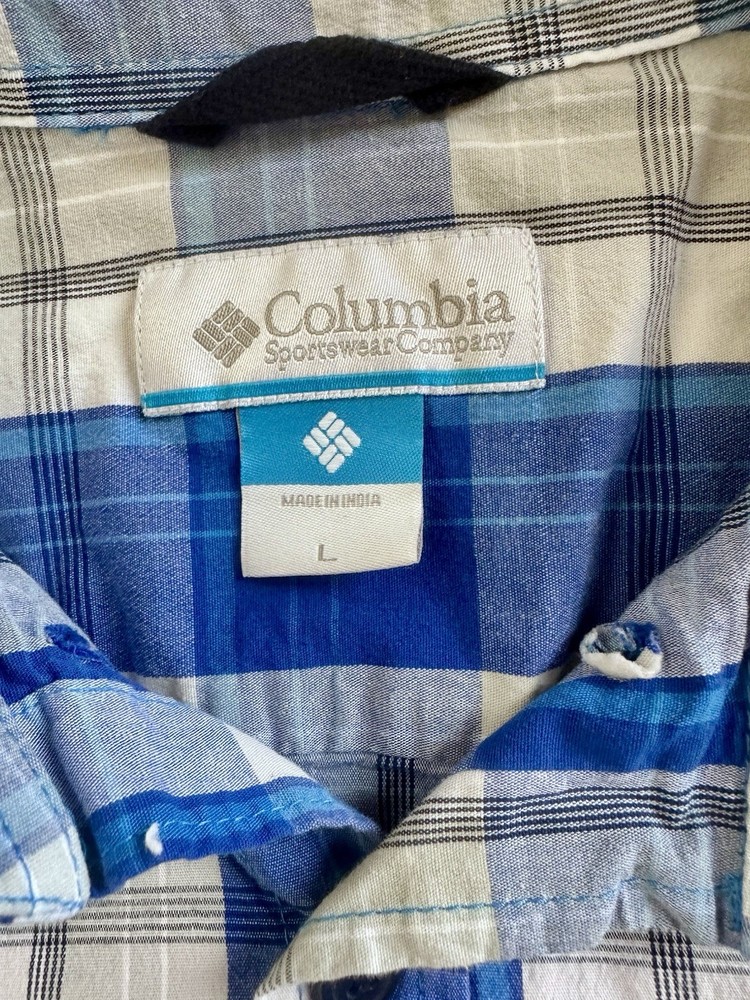 Columbia Mens Large Long Sleeve Button Up Shirt Blue Plaid Lightweight Cotton L