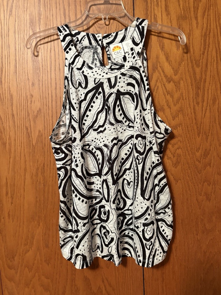 C&C California Black White Abstract Graphic Halter Tank Top - Size XL