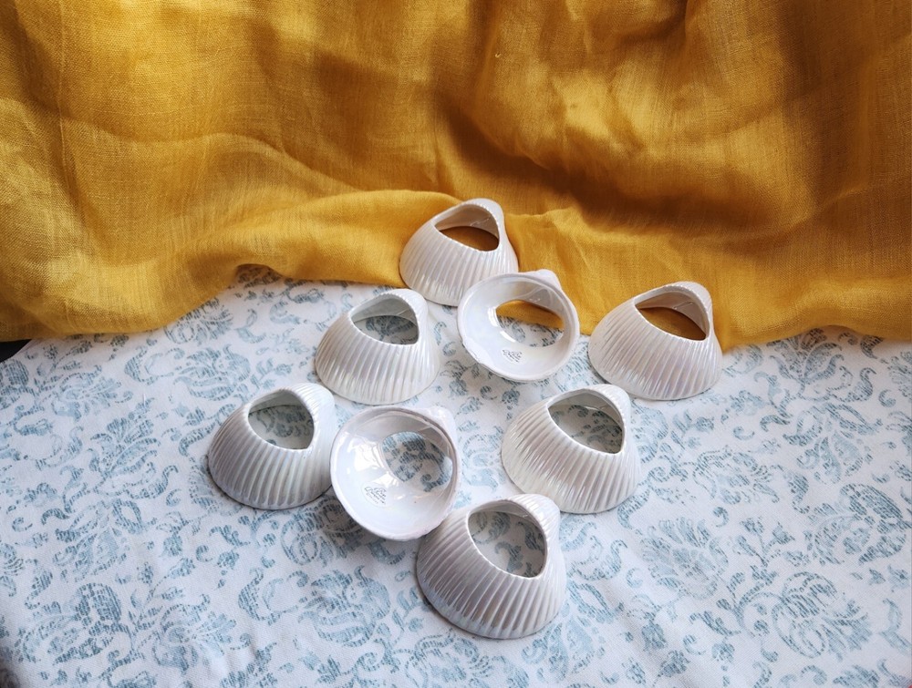 Set Of 8 Vintage Ceramic Iridescent Shell Napkin Rings, Ocean Theme Kitchenware