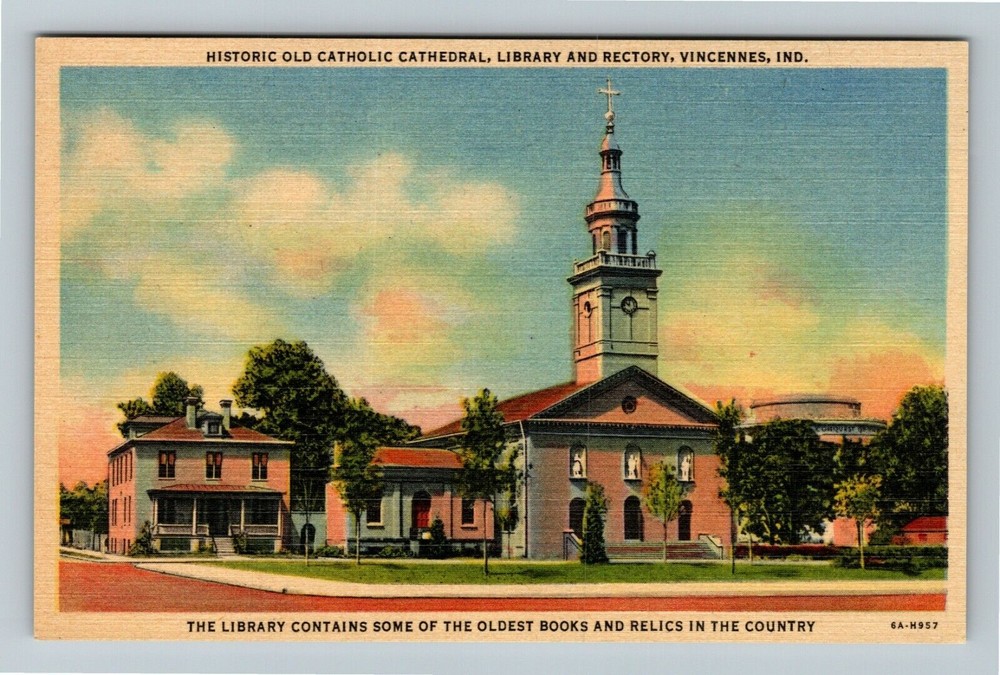 Vincennes IN Indiana, Old Catholic Cathedral, Library, Rectory Vintage Postcard