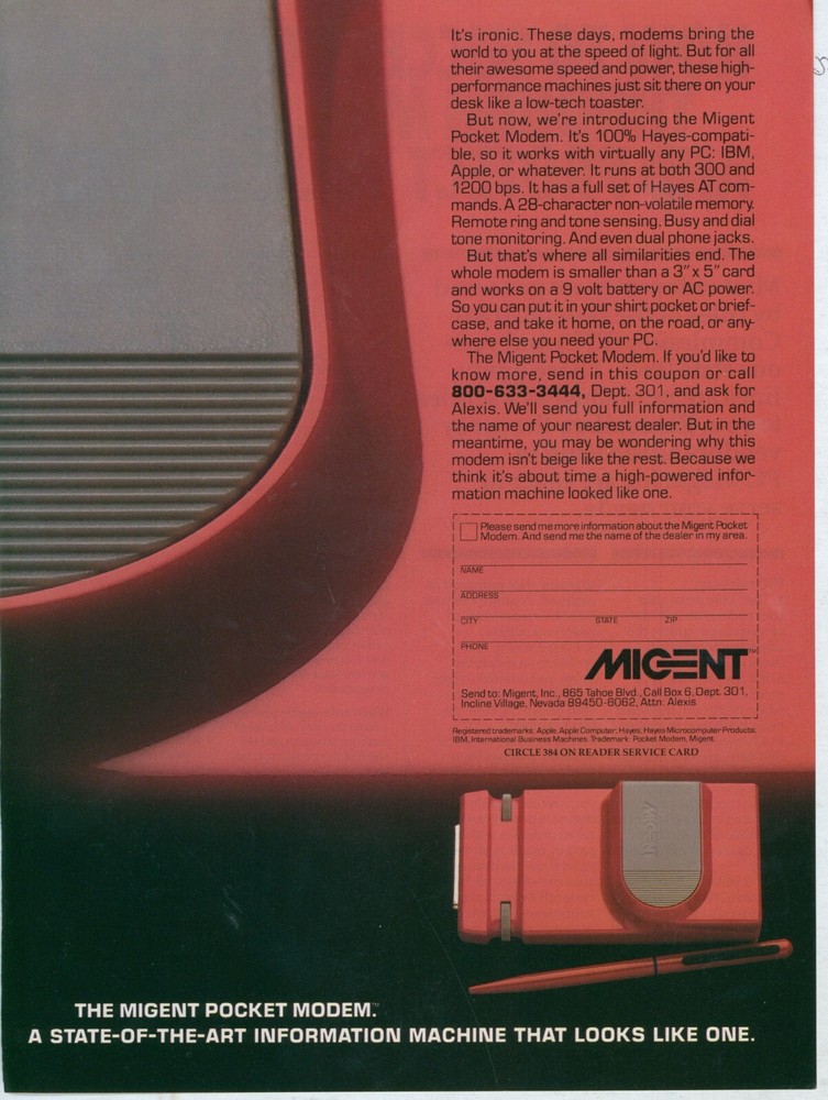 1987 Migent Pocket Modem State of Art Information Machine Info Offer Ad PC2