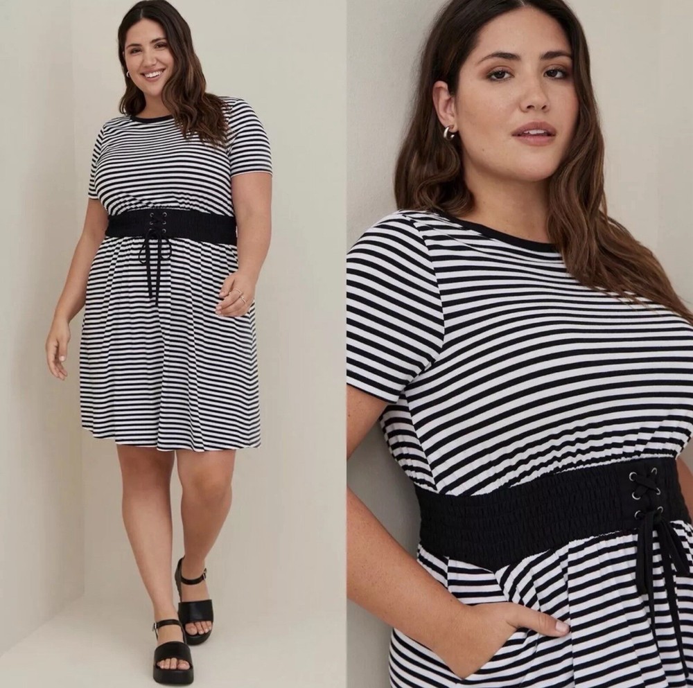 Torrid Women’s Smocked Waist T-Shirt Dress - Jersey Stripe Black & White Sz 2X