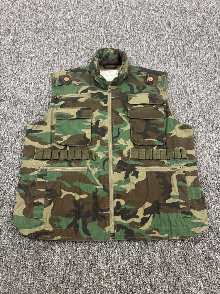 Rothco Ranger Vest Men XL Woodland Jungle Camo Full Zip Utility Stowaway Hood