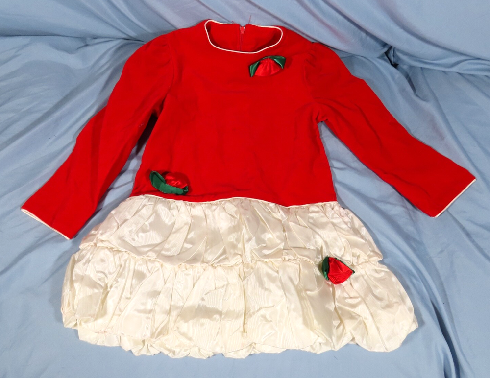 VTG Rare Editions Red Velvet Dress with Ivory Taffeta Bubble Skirt Roses Rosettes Size 5