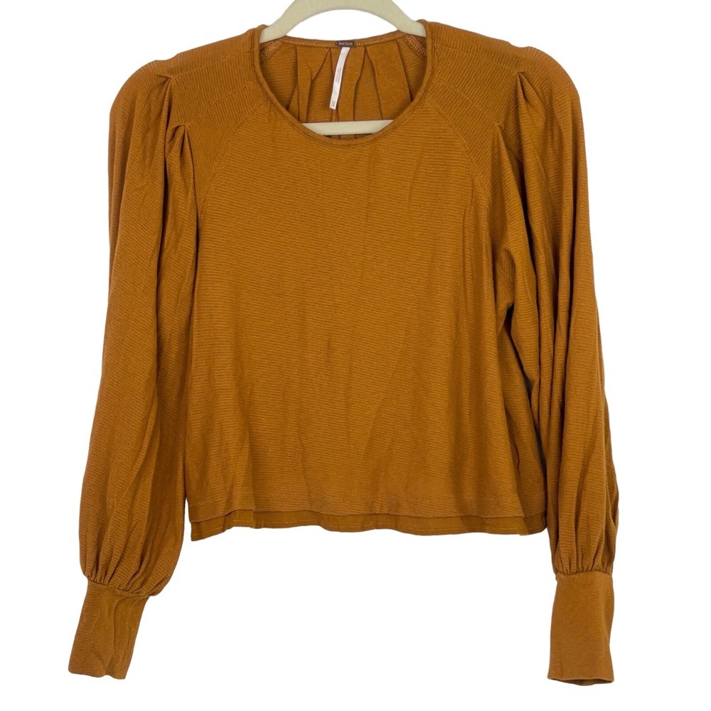 Free People Billie Ribbed Balloon Sleeve Cropped L/S Top Camel Brown XS 90s Y2k