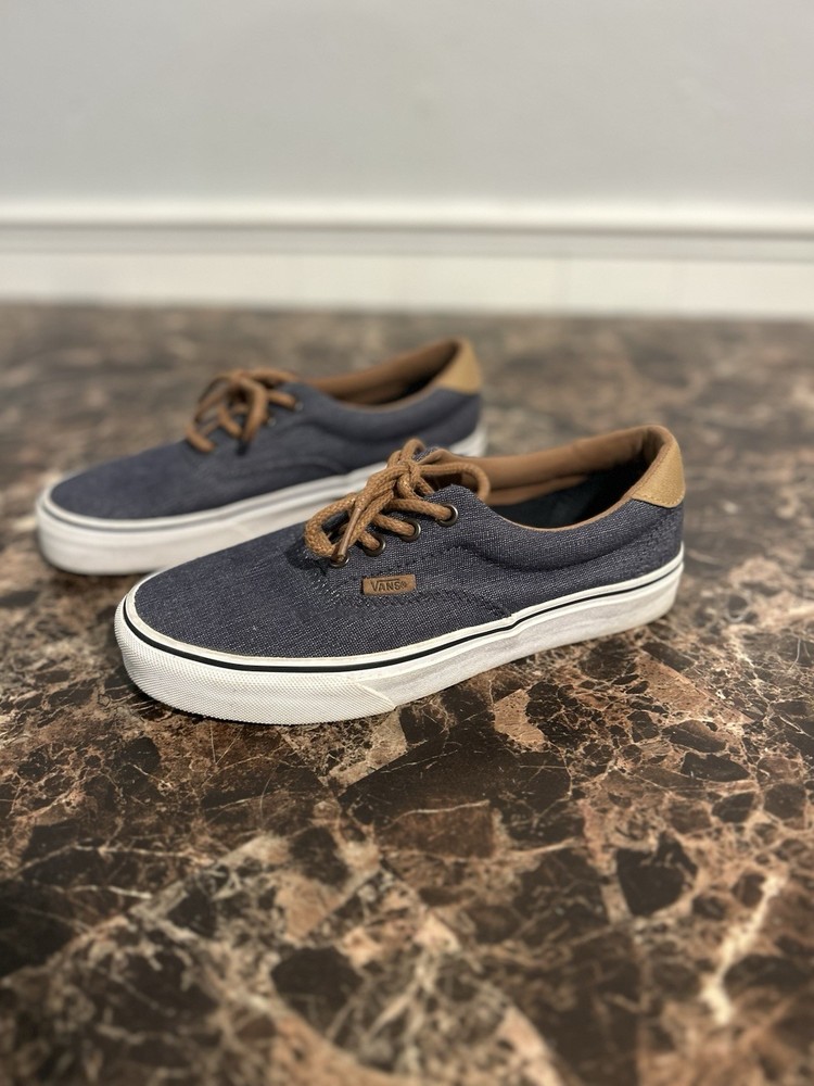 Vans Women’s Size 6 – Blue Canvas & Tan Leather Sneakers (Off the Wall)