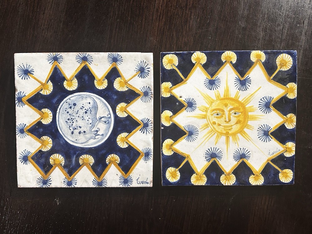 Ivanka Naneva Hand Painted Tile Art Sun & Moon Signed 2017 Celestial Whimsicore