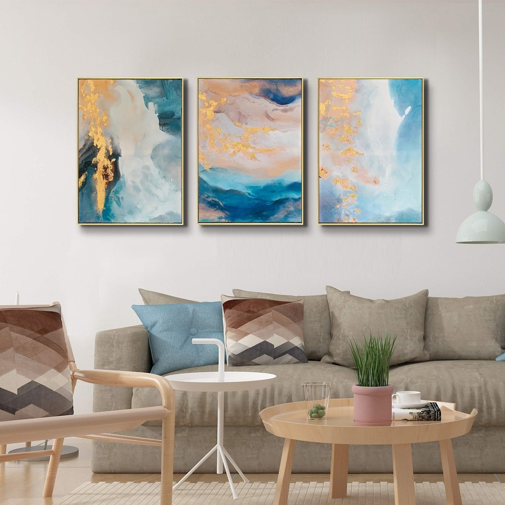 ARTLAND Teal Abstract Wall Art 3 Pieces with Turquoise Gold Marble Framed Art...-image