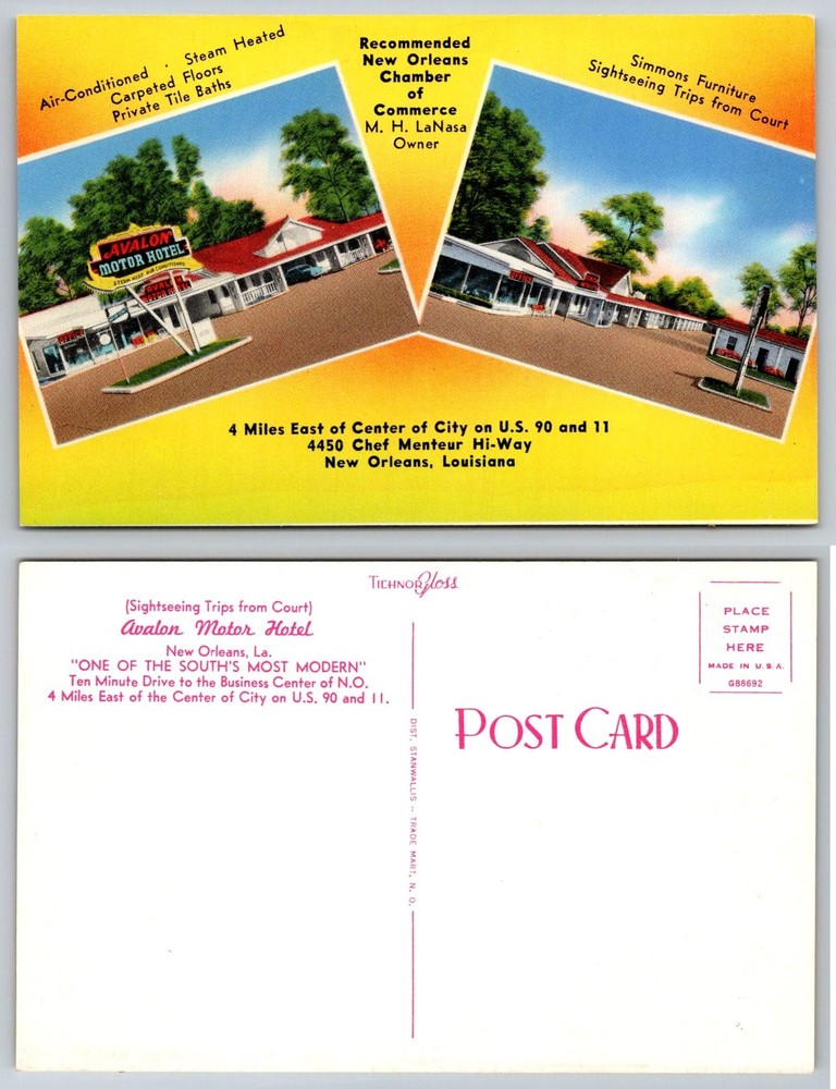 Avalon Motor Hotel New Orleans Louisiana Vintage Postcard Chef Menteur Hi-Way