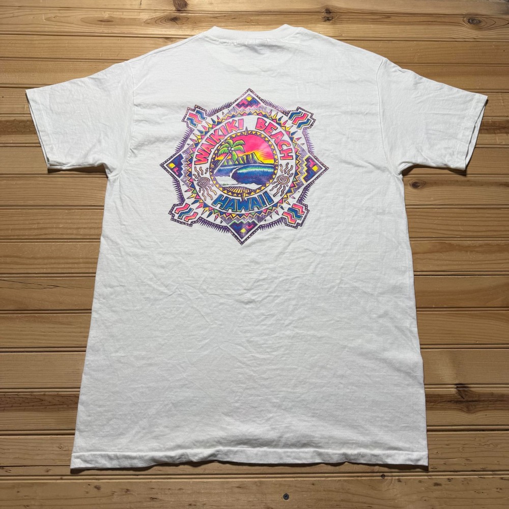 Vintage 90s Hanes Waikiki Beach Hawaii Tribal Graphic Souvenir T-Shirt USA Large