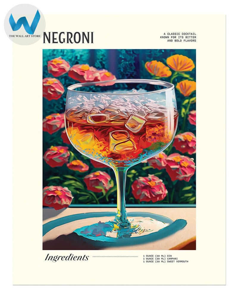 Negroni Cocktail Recipe Art Poster  Floral Bar Wall Art 12X16/16X20/18X24/24X36