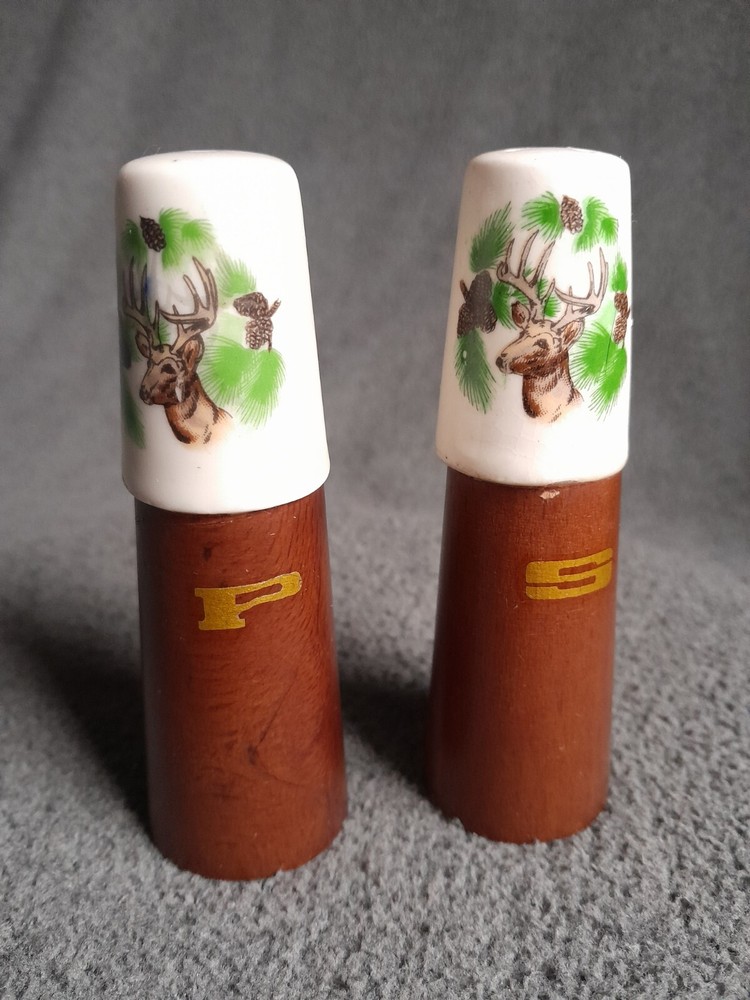 Vintage Classic MCM 1960's Deer Wood and Porcelain Salt and Pepper Shakers