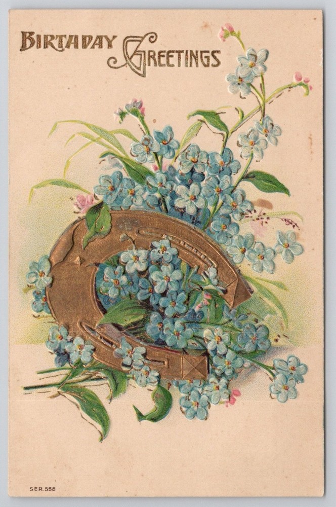Vintage Embossed Birthday Greetings Postcard - Horseshoe & Forget-Me-Nots