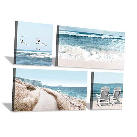 Coastal Beach Canvas Wall Art: Beach Chairs 24''x12''x2+12''x12''x2 Beach Scene