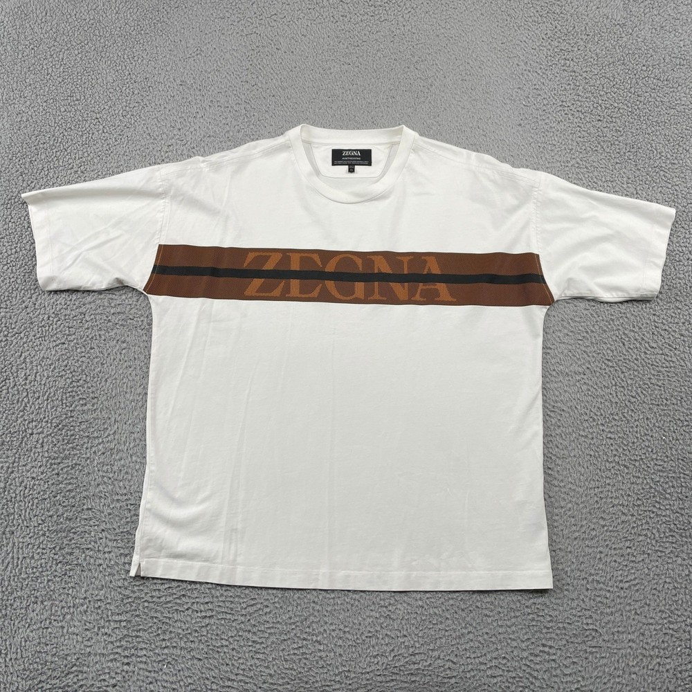 Zegna T-Shirt Mens XL White UseTheExisting Logo Stripe Short Sleeve Cotton Shirt