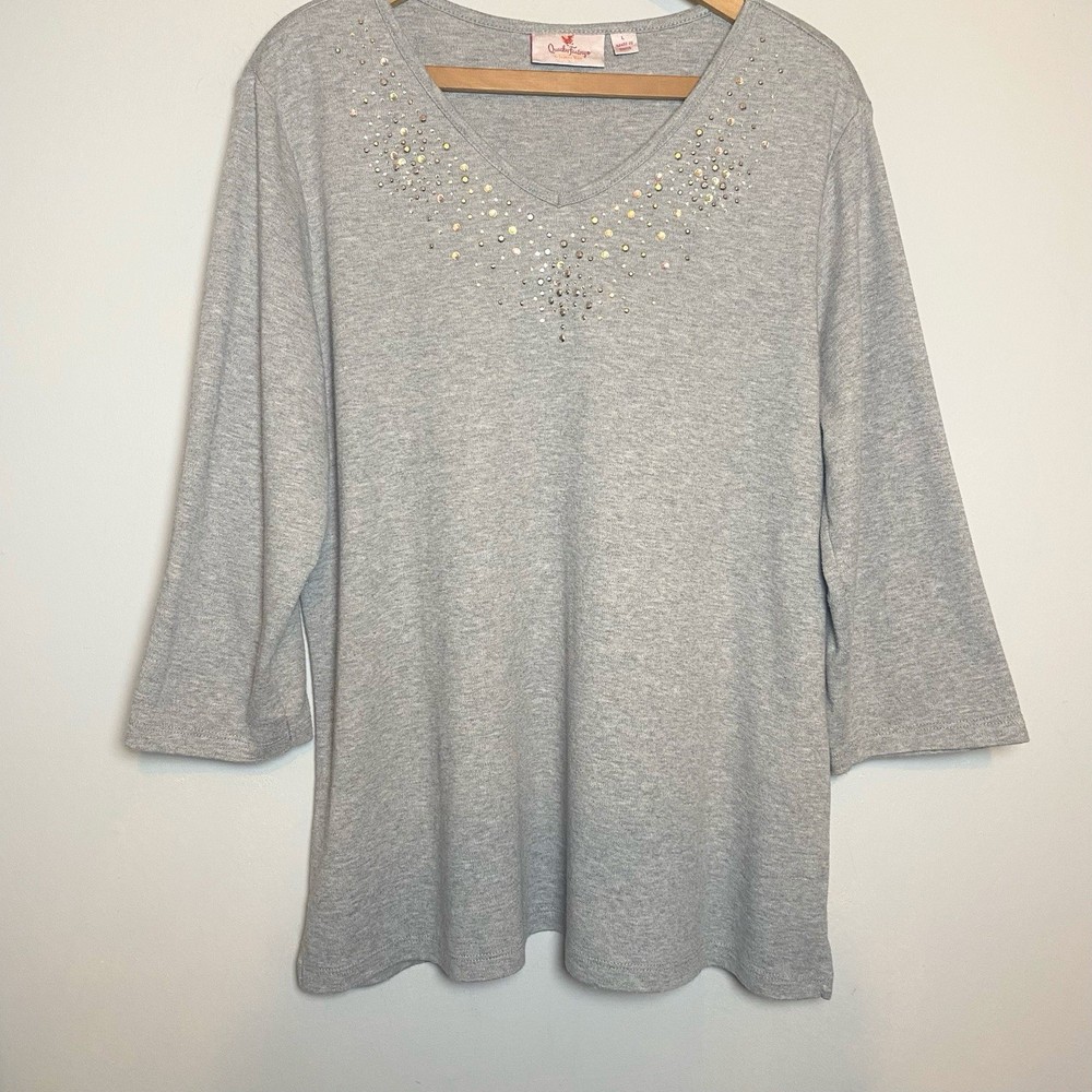Quacker Factory Sparkle V-Neck Top w/ 3/4-Sleeves-Gray-Sz L