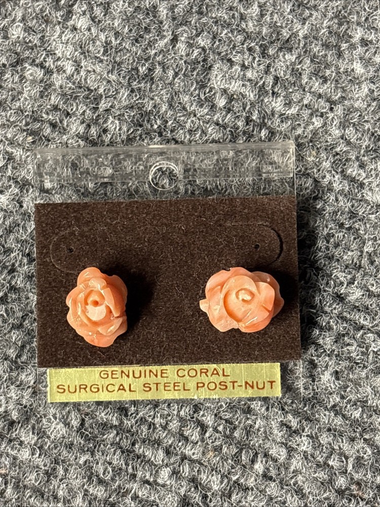 Genuine Coral Carved Rose Earrings Blair’s Of Hawaii Vintage 1/2” NOS