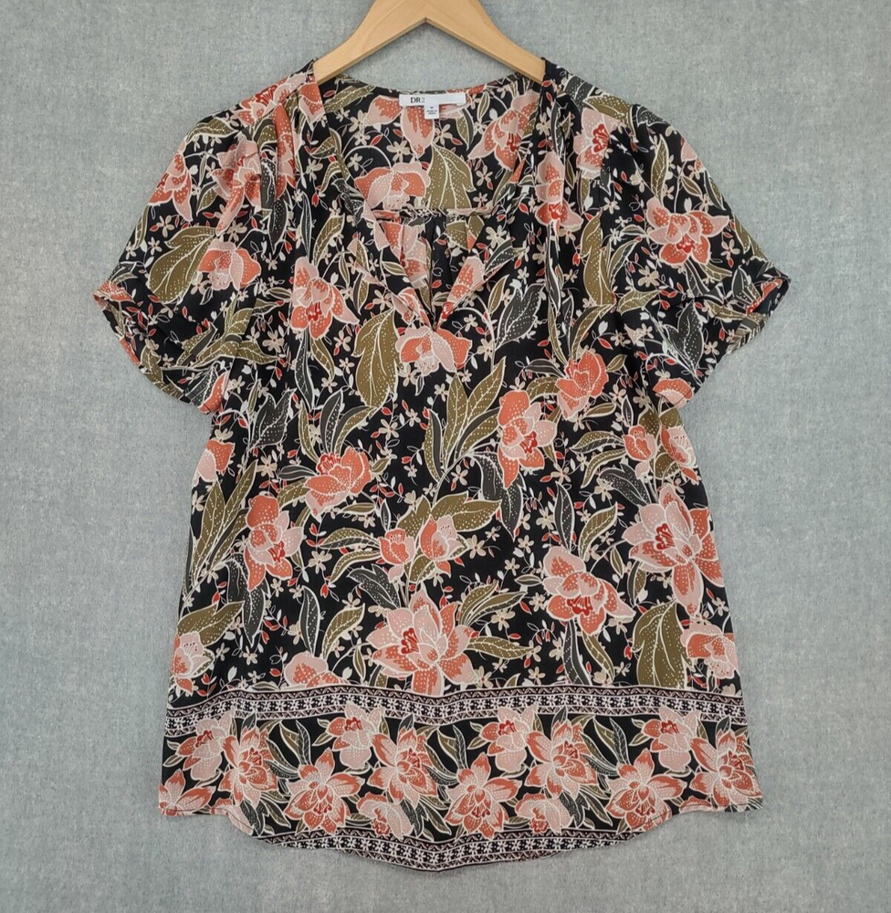 DR2 Daniel Rainn Rayon Blouse Medium Keyhole Neck Pleated Floral Summer Top