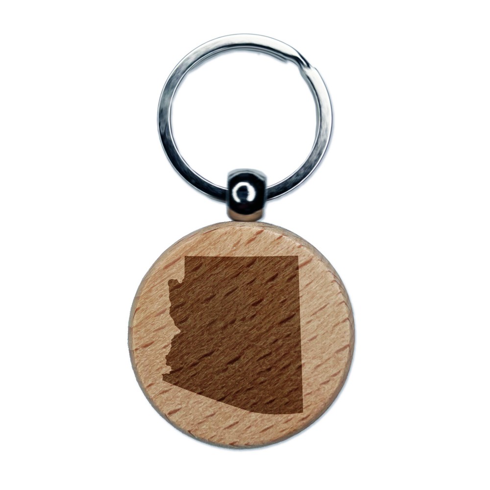 Arizona State Silhouette Engraved Wood Round Keychain Tag Charm