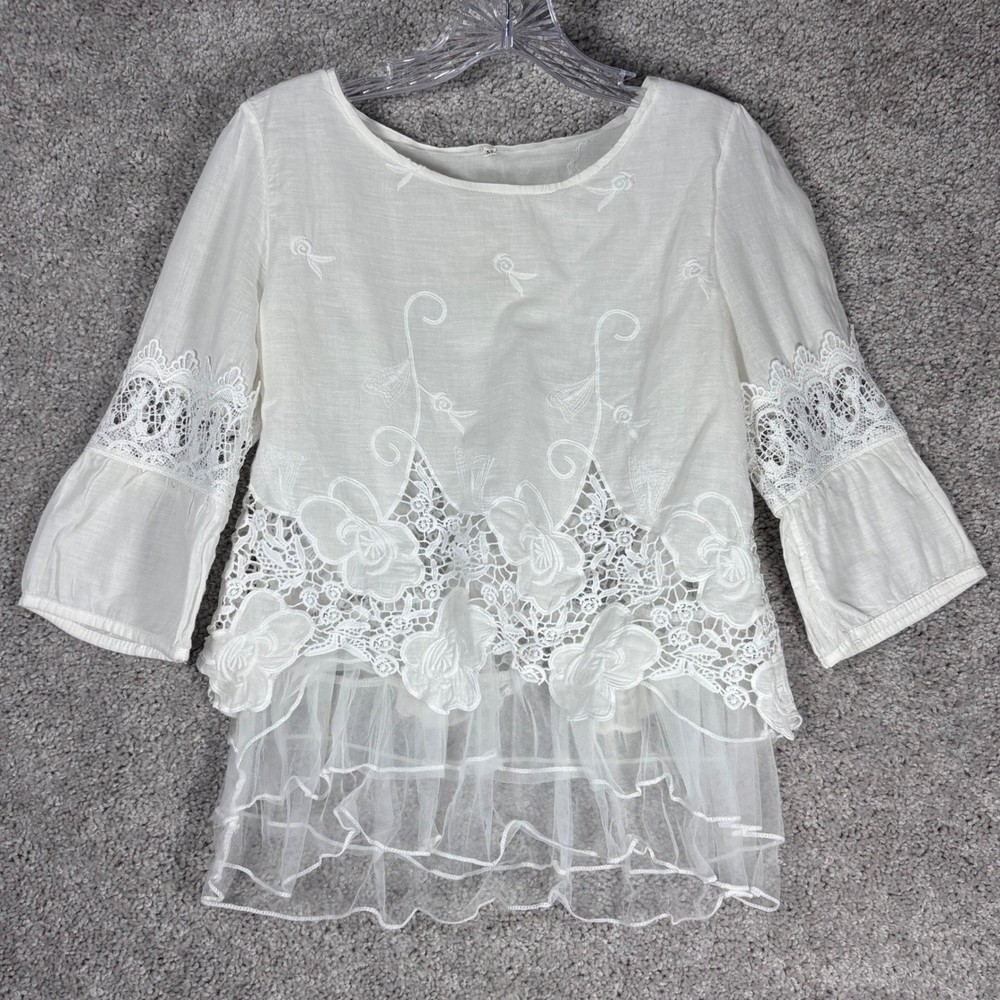 Womens White Embroidered Lace Ruffle Tulle Bell Sleeve Top Size M