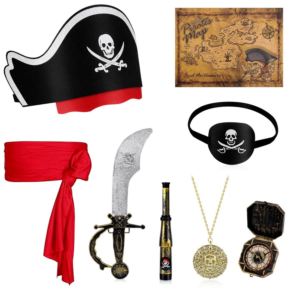 8 Pcs Pirate Costume Accessories Set Include Pirate Hat Headband Eye Patch Bi...
